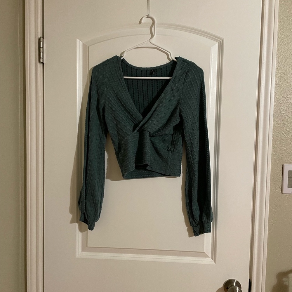 Zaful | Long Sleeve Green Cable Knit Crop Surplice Blouse